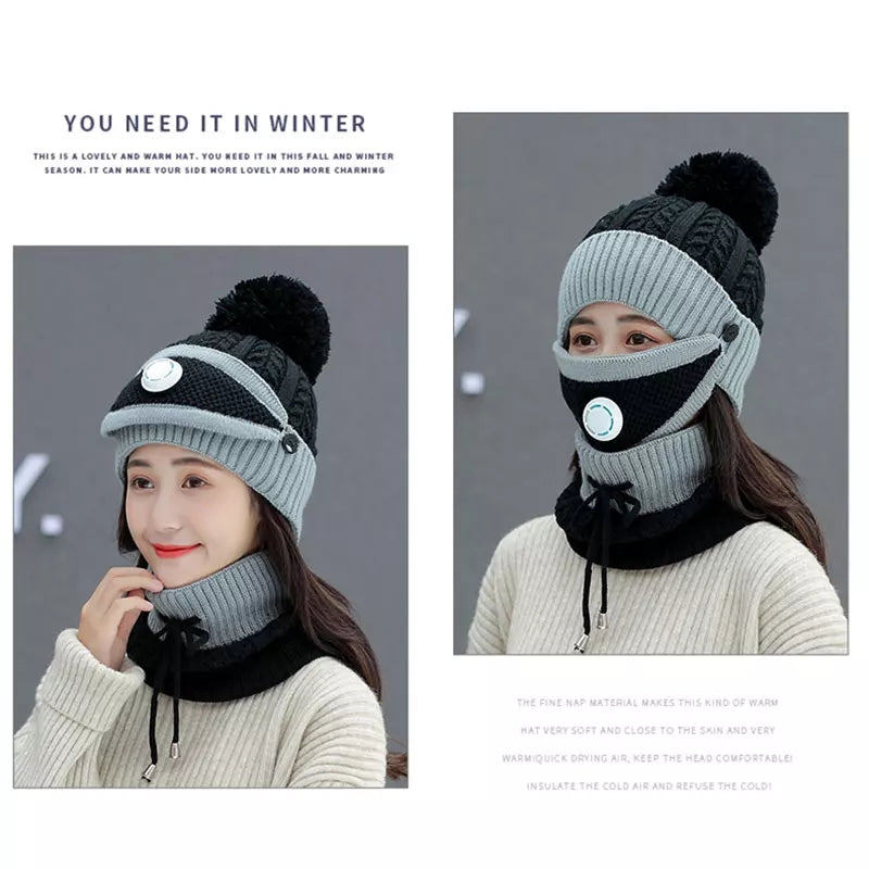 Hot sale Korean style winter Hat scarf mask three-piece set Warm wool knit hat and wool thickened bike ear protector