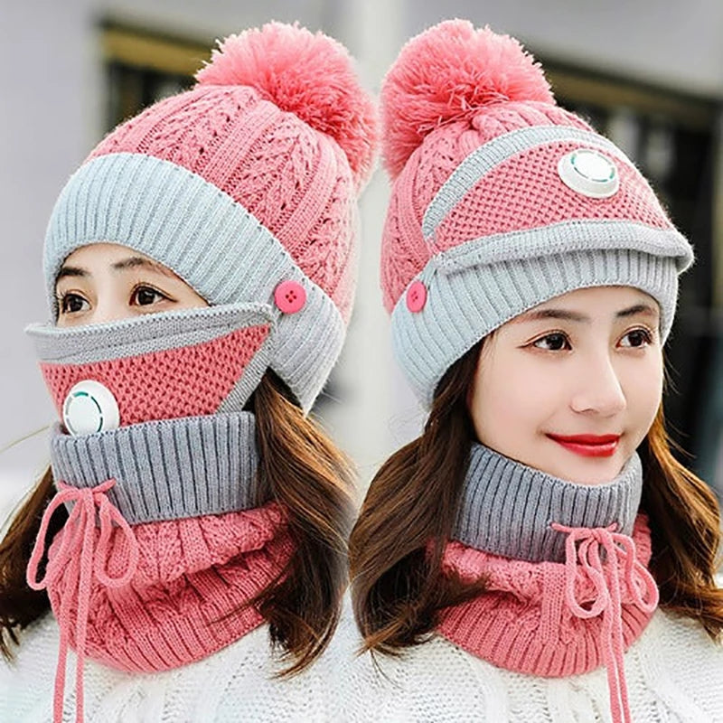 Hot sale Korean style winter Hat scarf mask three-piece set Warm wool knit hat and wool thickened bike ear protector