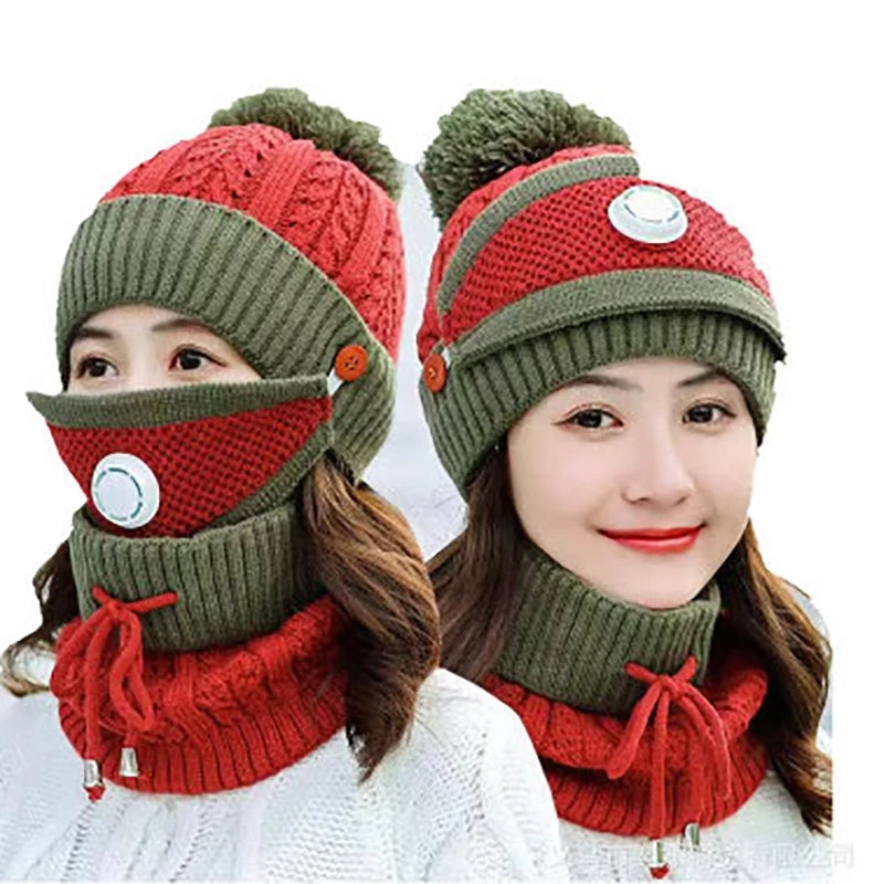 Hot sale Korean style winter Hat scarf mask three-piece set Warm wool knit hat and wool thickened bike ear protector