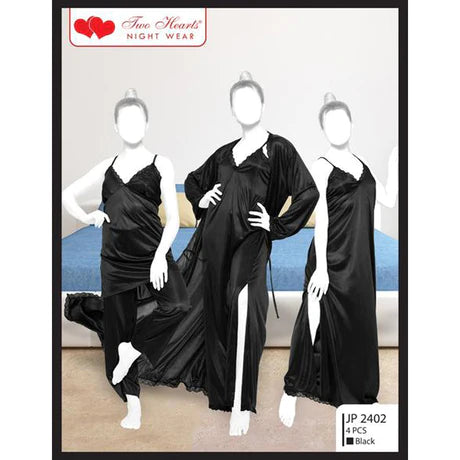 4 PIECE STYLISH LACE BLACK NIGHTDRESS (NA-120)