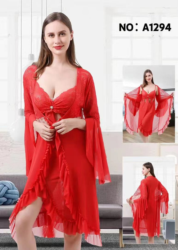 Women Night Dress Nightwear Long Nighty with painty Lace Nightgown-A1294