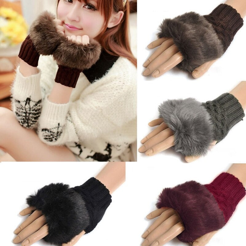 PACK OF 2 Women Gloves Stylish Hand Warmer Winter Half Finger Mittens Ladies Rabbit fur Wool Embroidery Knitted Wrist Warm Mittens Hot Sale