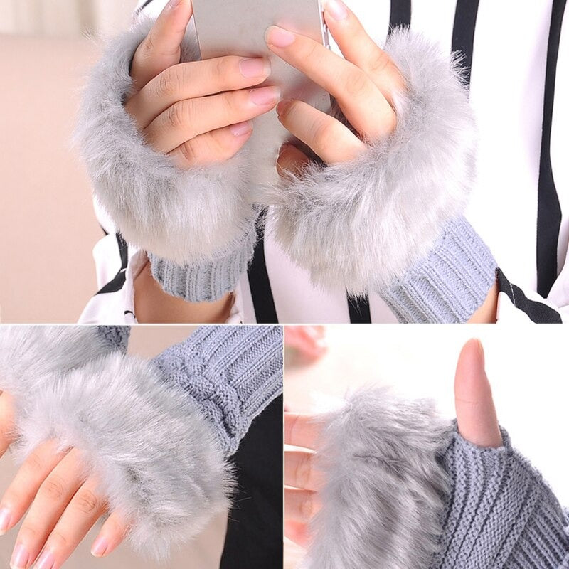 PACK OF 2 Women Gloves Stylish Hand Warmer Winter Half Finger Mittens Ladies Rabbit fur Wool Embroidery Knitted Wrist Warm Mittens Hot Sale