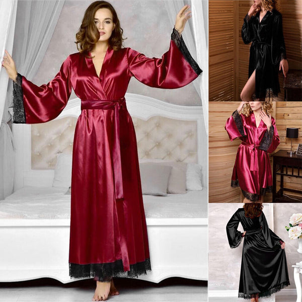 Womens  Sleepwear Lace Long Bride Kimono Robe Satin Silk Night Dressing Gown